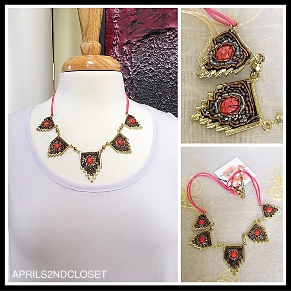 EGYPTIAN STONE JEWELED BOHO STATEMENT NECKLACE A2C - Picture 3 of 8